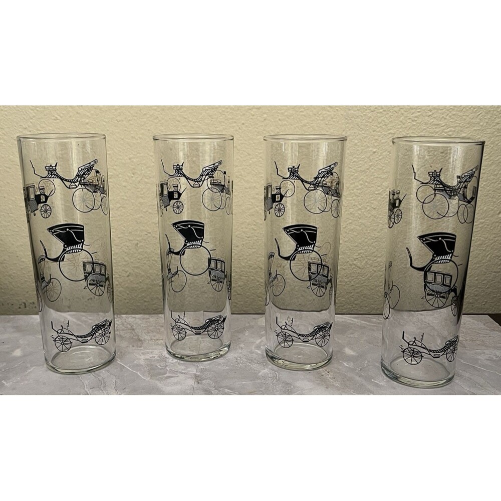 Libbey Curio Antique Carriage Car Buggy 7" Highball Tom Collins Glasses Lot of 4